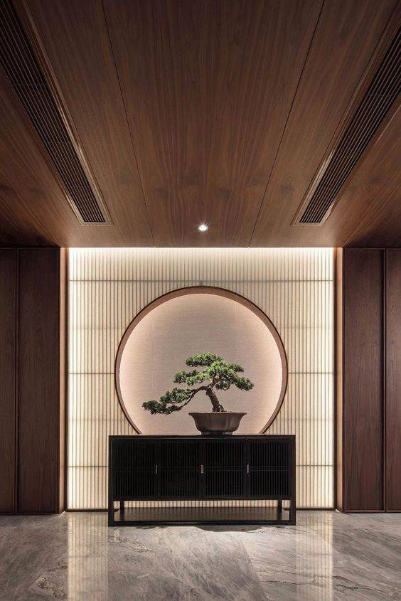 Modern living room with folding screen partition behind sofa