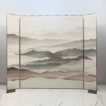 Beige mist mountain folding screen room divider with four-panel minimal landscape art