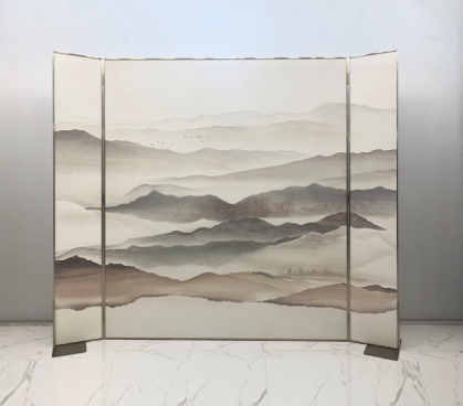 Beige mist mountain folding screen room divider with four-panel minimal landscape art