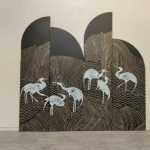 Black gold crane wall art screen with four-panel oriental bird art