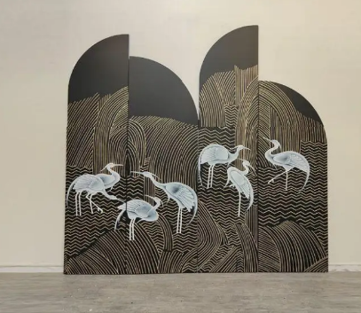 Black gold crane wall art screen with four-panel oriental bird art