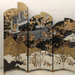 Black gold floral folding screen room divider with six-panel oriental garden art