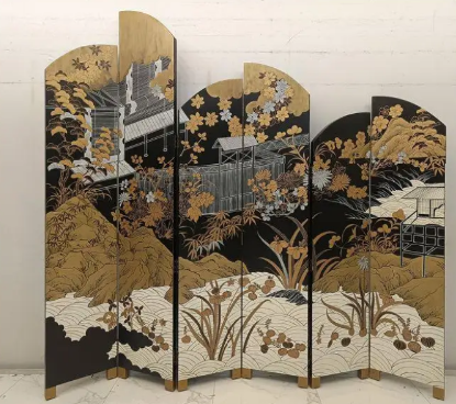 Black gold floral folding screen room divider with six-panel oriental garden art