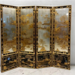 Black gold lacquer landscape screen with five panels for statement foyers, lounges, and hospitality interiors
