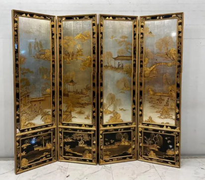 Black gold lacquer landscape screen with five panels for statement foyers, lounges, and hospitality interiors