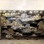 Black gold mountain landscape wall art screen with six-panel oriental scenic art