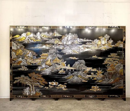 Black gold mountain landscape wall art screen with six-panel oriental scenic art
