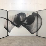 Black ink circle folding screen room divider with three-panel modern Asian art