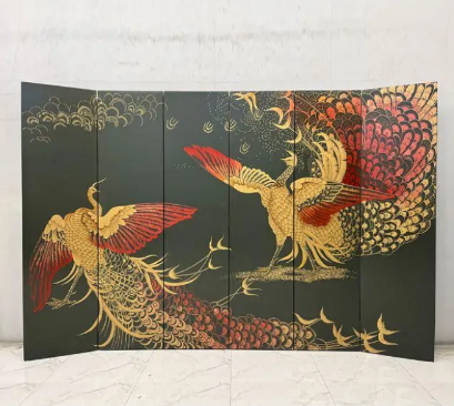 Black phoenix wall art screen with six-panel oriental bird art