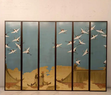 Blue crane landscape wall art screen with seven-panel oriental bird art