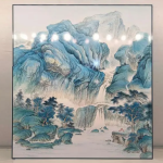 Blue mountain wall art screen with single-panel oriental landscape art