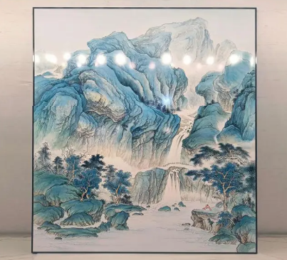 Blue mountain wall art screen with single-panel oriental landscape art