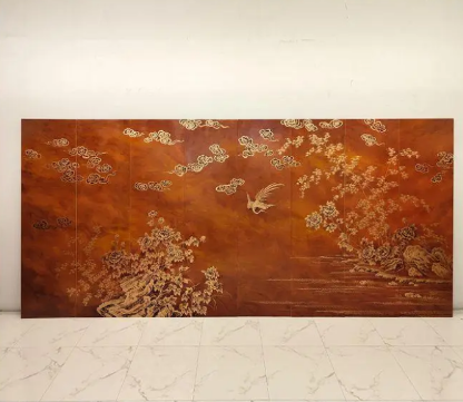 Copper bird garden wall art screen with six-panel oriental botanical art
