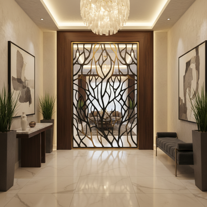Modern luxury foyer with decorative entryway screen