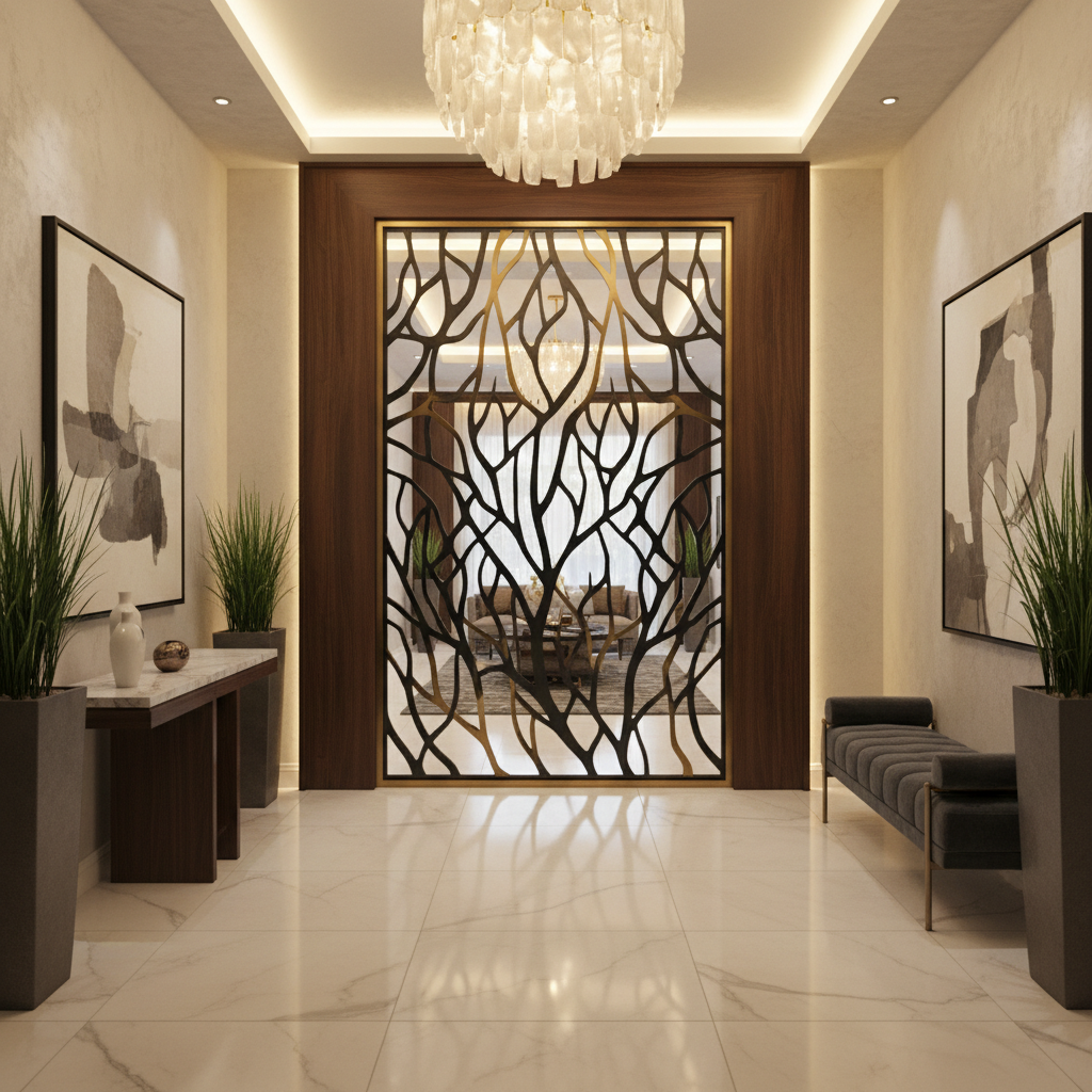 Elegant entryway screen in a foyer with layered privacy and a stronger first impression
