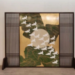 Framed gold bird landscape screen with three panels for foyers, entryways, lounges, and oriental interiors