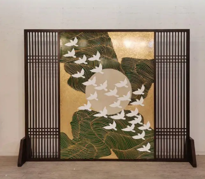 Framed gold bird landscape screen with three panels for foyers, entryways, lounges, and oriental interiors