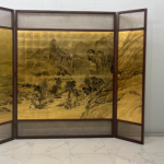 Framed gold landscape folding screen room divider with three-panel solid wood Asian design