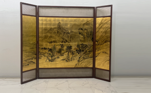 Framed gold landscape folding screen room divider with three-panel solid wood Asian design