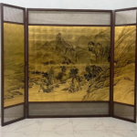 Framed gold mountain landscape screen with three panels for refined foyers, tea rooms, and scenic interiors
