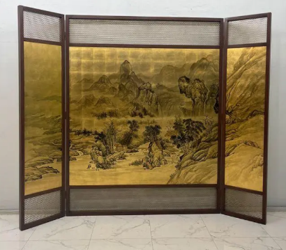 Framed gold mountain landscape screen with three panels for refined foyers, tea rooms, and scenic interiors