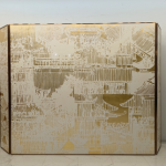Gold abstract architectural folding screen room divider with modern pattern art