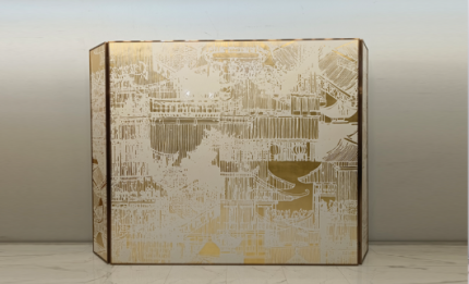 Gold abstract architectural folding screen room divider with modern pattern art