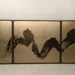 Gold abstract ink screen with four panels for modern Asian art interiors, lounges, and design-led living rooms
