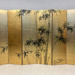 Gold bamboo grove folding screen room divider with six-panel oriental botanical art