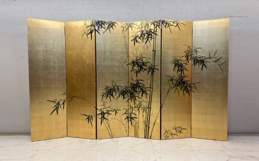 Gold Bamboo Grove Folding Screen Room Divider - Six-Panel Oriental Botanical Screen Gold bamboo grove folding screen room divider with six-panel oriental botanical art