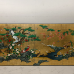Gold bird and branch wall art screen with four-panel oriental nature design
