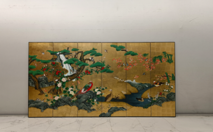 Gold bird and branch wall art screen with four-panel oriental nature design