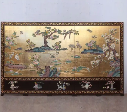 Gold bird garden wall art screen with four-panel oriental botanical art