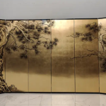 Gold blossom landscape wall art screen with six-panel oriental floral design