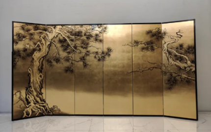 Gold blossom landscape wall art screen with six-panel oriental floral design