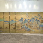 Gold blue landscape folding screen room divider with six-panel oriental scenic art