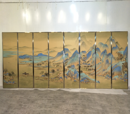 Gold blue landscape folding screen room divider with six-panel oriental scenic art