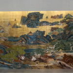 Gold blue mountain landscape wall art screen with six-panel Asian scenic design