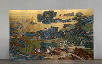 Gold blue mountain landscape wall art screen with six-panel Asian scenic design
