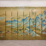Gold blue valley landscape wall art screen with eight-panel oriental scenic art