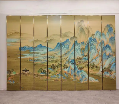 Gold Blue Valley Landscape Wall Art Screen - Eight-Panel Oriental Scenic Screen luxury folding screen room divider