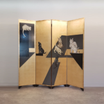 Gold cat folding screen room divider with four-panel modern Asian art