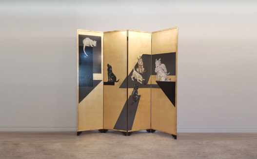 Gold Cat Folding Screen Room Divider - Four-Panel Modern Asian Art Screen Gold cat folding screen room divider with four-panel modern Asian art