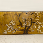 Gold cherry blossom folding screen room divider with six-panel oriental floral art