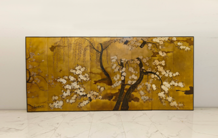 Gold cherry blossom folding screen room divider with six-panel oriental floral art