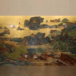 Gold coastal landscape wall art screen with four-panel oriental scenic art