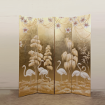 Gold crane and willow folding screen room divider with three-panel oriental nature art