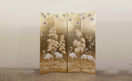 Gold crane and willow folding screen room divider with three-panel oriental nature art