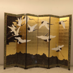 Gold crane folding screen room divider with six-panel oriental bird design
