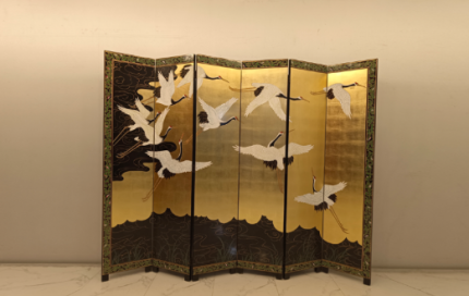 Gold crane folding screen room divider with six-panel oriental bird design